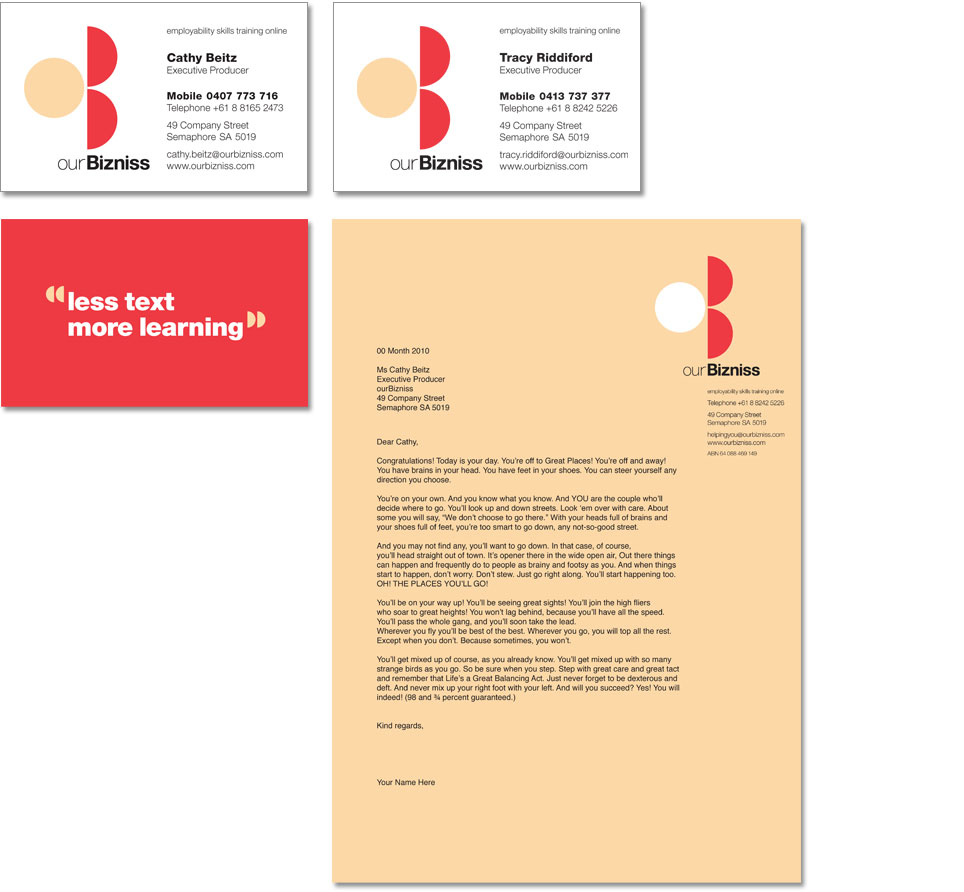 An example of the OurBizniss letterhead design, along with some of the business cards.